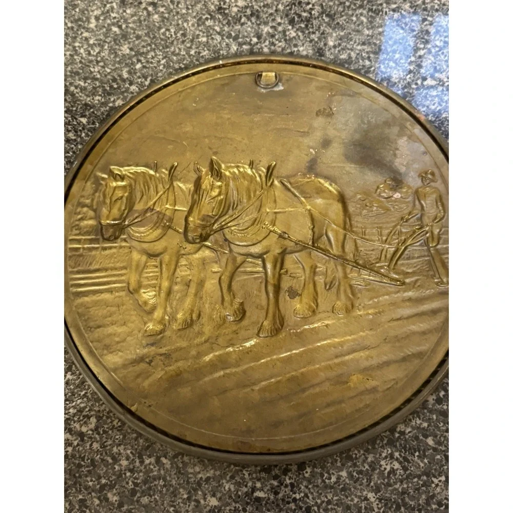 Vintage Embossed Brass Wall Plate Decorative Plate Made in England Horse & Plow